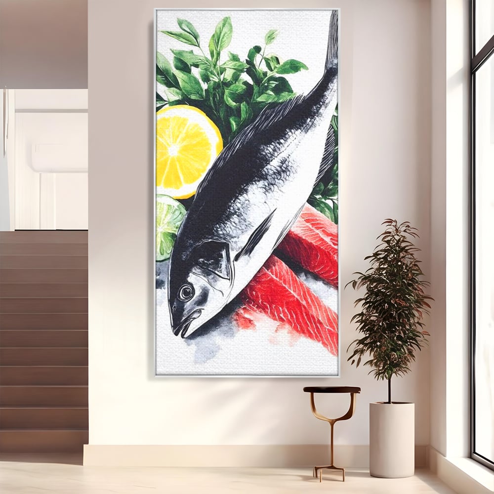 Tablou canvas cu ilustratie cu peste intreg si fileuri, in rama de aluminiu argintiu